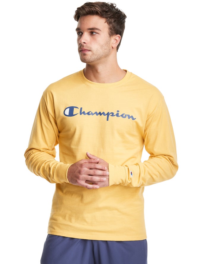 Champion T-Shirt Heren - Geel - Classic Long-Sleeve Script Logo ( 190326-NAZ )